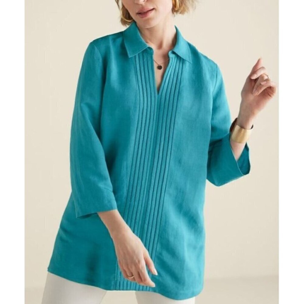 Soft Surroundings Top Womens Small Teal Camilla Pullover Pleated Linen Boho